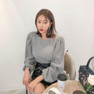 Bishop-sleeve Rib-knit Top