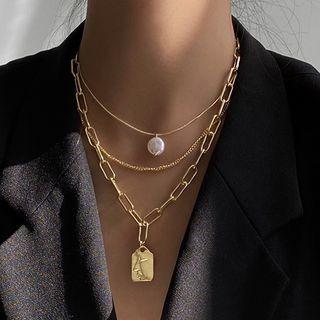 Tag Pendant Faux Pearl Layered Choker Necklace Gold - One Size
