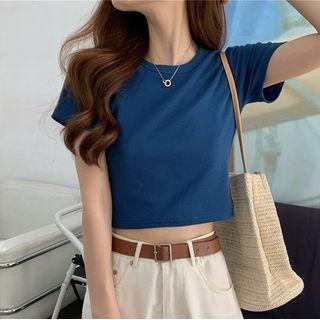 Round-neck Plain Short-sleeve Cropped T-shirt