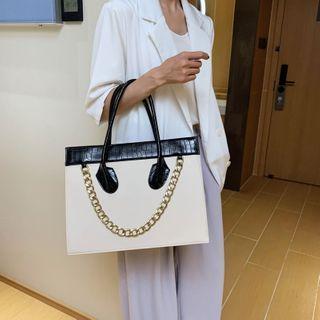 Croc Grain Trim Faux Leather Tote Bag