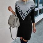 Leopard Print Panel Long-sleeve Mini Knit Dress