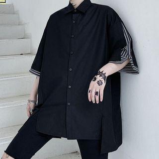 Striped Panel Elbow-sleeve Slit Shirt