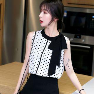 Sleeveless Polka Dot Tie Accent Blouse