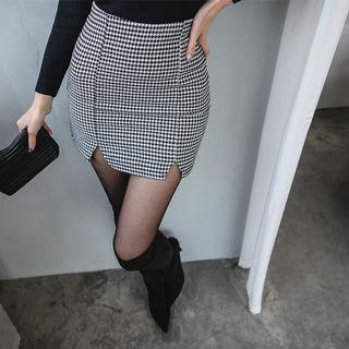 Slit-hem Houndstooth Miniskirt