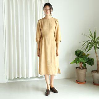 Balloon-sleeve Tie-waist Long Dress Mustard Yellow - One Size