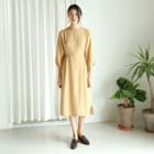 Balloon-sleeve Tie-waist Long Dress Mustard Yellow - One Size