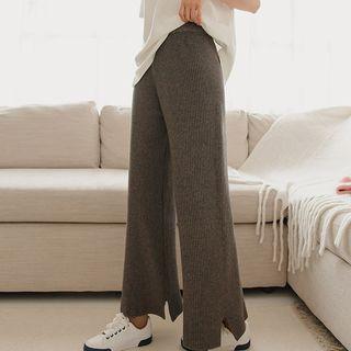 Slit-hem Ribbed Knit Wide-leg Pants