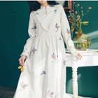 Corduroy Floral Print Long-sleeve Midi A-line Dress