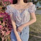 Puff-sleeve Floral Print Shirred Chiffon Crop Top Floral - White - One Size