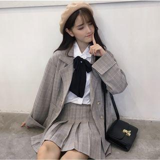 Bow Shirt / Plaid Blazer / Plaid Pleated Skirt / Set