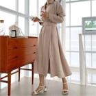 Pintuck-waist Flared Long Wrap Dress With Belt