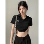 Short-sleeve Lettering Cropped Polo Shirt Black - One Size