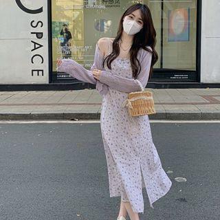 Spaghetti-strap Floral Slit Midi A-line Dress / Cardigan