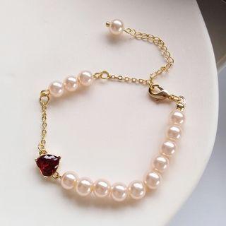 Heart Rhinestone Faux Pearl Bracelet White - One Size