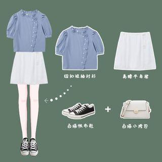 Puff-sleeve Frill Trim Top / Buttoned A-line Mini Skirt