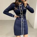 Long-sleeve Glitter Contrast Trim A-line Dress