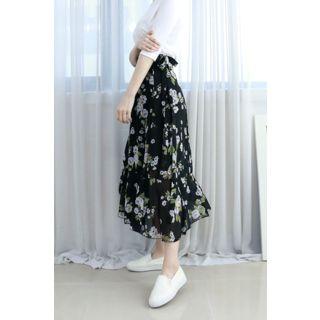 Petite Size Ruffle-hem Floral Long Chiffon Skirt