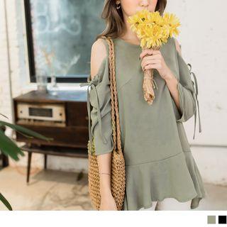 Cold Shoulder Lace Up Ruffled Hem Top