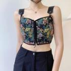 Floral Print Lace-up Faux Leather Strapped Top