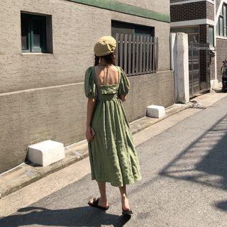 Puff-sleeve Open Back A-line Midi Dress