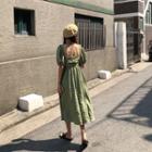 Puff-sleeve Open Back A-line Midi Dress