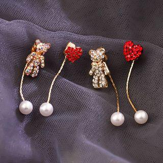 Non-matching Rhinestone Bear & Heart Faux Pearl Dangle Earring