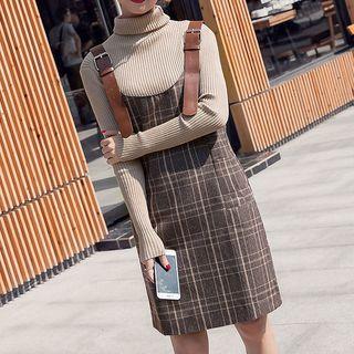Set: Mock-neck Knit Top + Plaid Jumper Dress