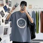 Round-neck Smiley Face Print Top