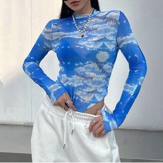 Long-sleeve Print Mesh Mock-neck Top / Headkerchief
