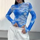 Long-sleeve Print Mesh Mock-neck Top / Headkerchief