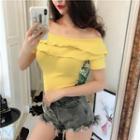 Off-shoulder Frilled Short-sleeve T-shirt
