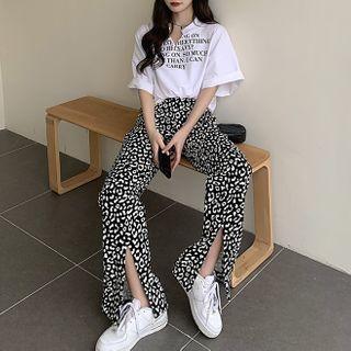 Elbow-sleeve Lettering T-shirt / Leopard Print Wide-leg Pants