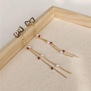 Faux Pearl Fringed Earring Faux Pearl & Red Rhinestone - Gold - One Size