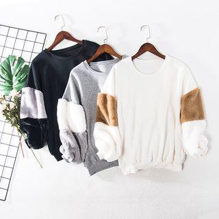 Furry Panel Sweatshirt Pink & Purple Sleeve - White - L