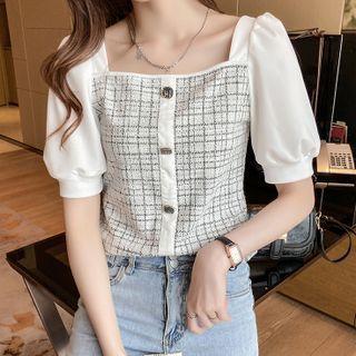 Short-sleeve Panel Plaid Chiffon Blouse