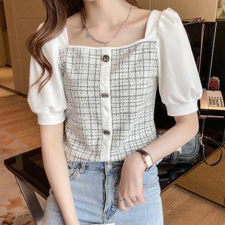 Short-sleeve Panel Plaid Chiffon Blouse