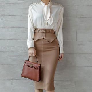 Set: Long-sleeve Tie-neck Blouse + Midi Fitted Skirt