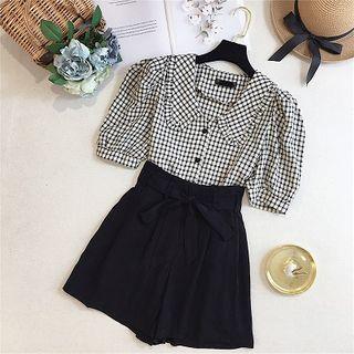 Set: Plaid Short-sleeve Blouse + Plain Wide-leg Shorts