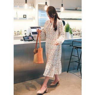 Long-sleeve Frill-hem Half-placket Floral Long Dress