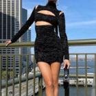 Zebra Print Mock-neck Long-sleeve Cut-out Mini Dress