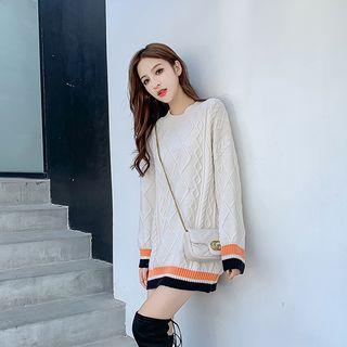Color Panel Linen Flower Sherpa Fleece Knit Sweater