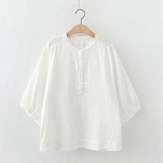 3/4-sleeve Plain Henley Top White - One Size