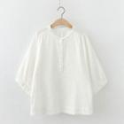 3/4-sleeve Plain Henley Top White - One Size