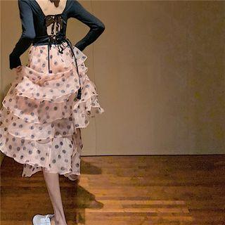 Open Back Long-sleeve Slim-fit Top / Dot Ruffle Skirt