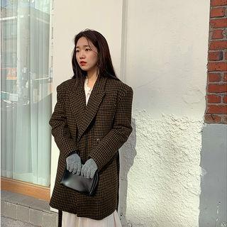 Double-breasted Checked Wool Blend Jacket With Sash