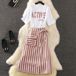 Set: Short-sleeve T-shirt Dress + Striped Skirt