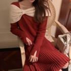 Long-sleeve Bow Knit Pleated A-line Dress