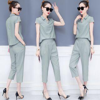 Set: V-neck Short-sleeve Top + Cropped Pants