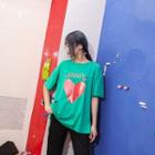 Short-sleeve Heart Print T-shirt Green - One Size