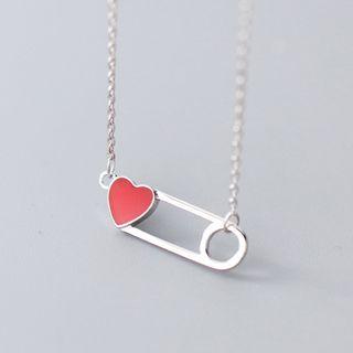 925 Sterling Silver Safety Pin & Heart Pendant Necklace Silver - One Size